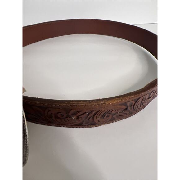 Vintage Nocona Unisex Sz 34 Belt Silver Western Hand Tooled Cowhide Leather main image 8